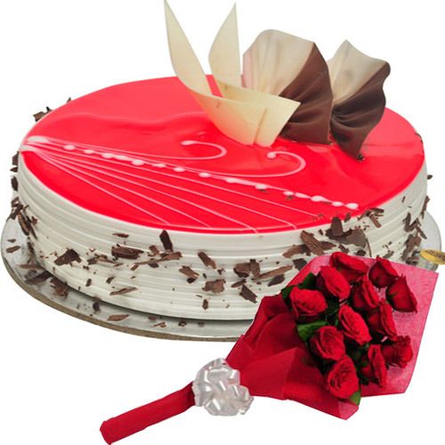 Elegant red velvet anniversary cake with gold accents